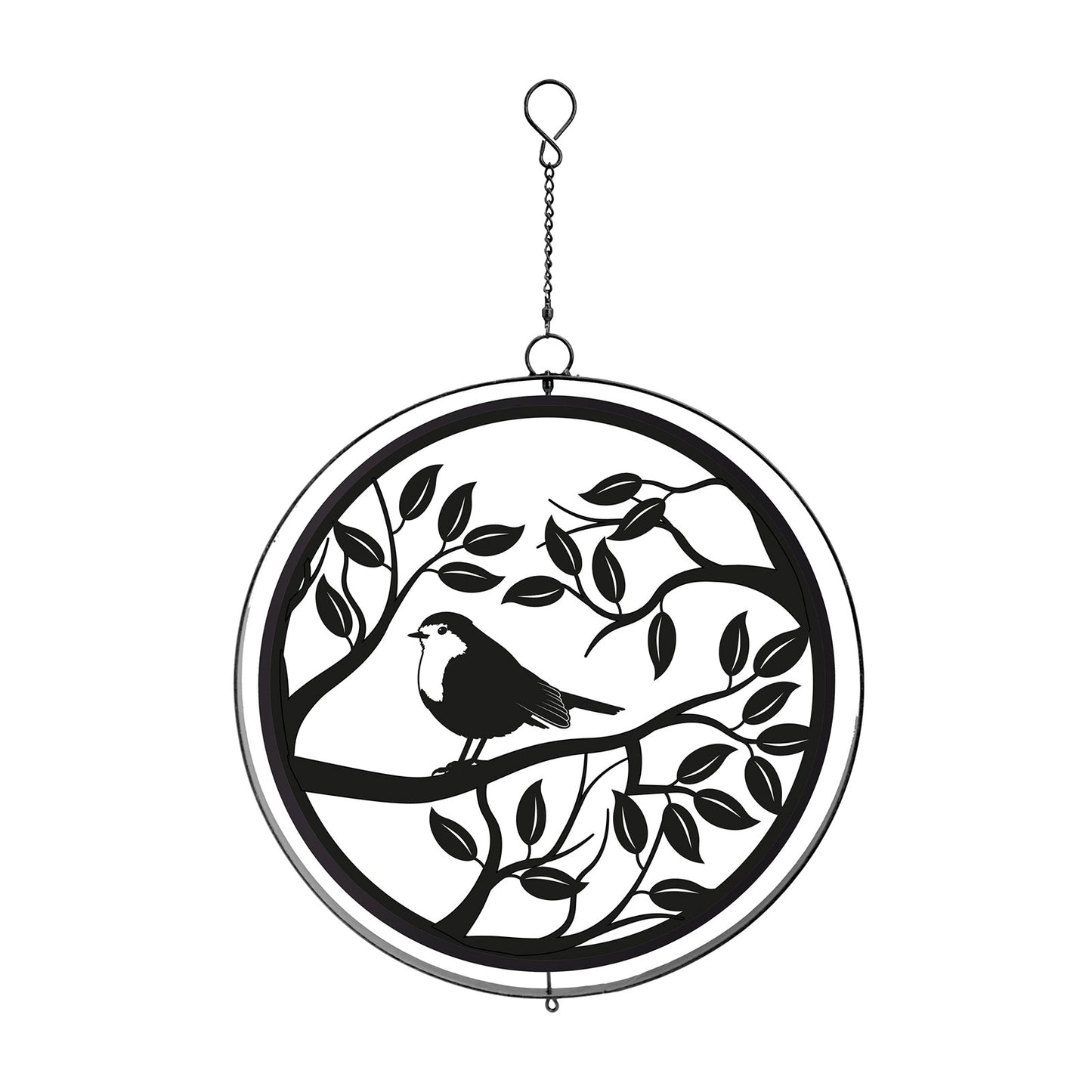 No.PT2108BK Black Metal Robin in Tree Hanging Silhouette Orbit Spinner