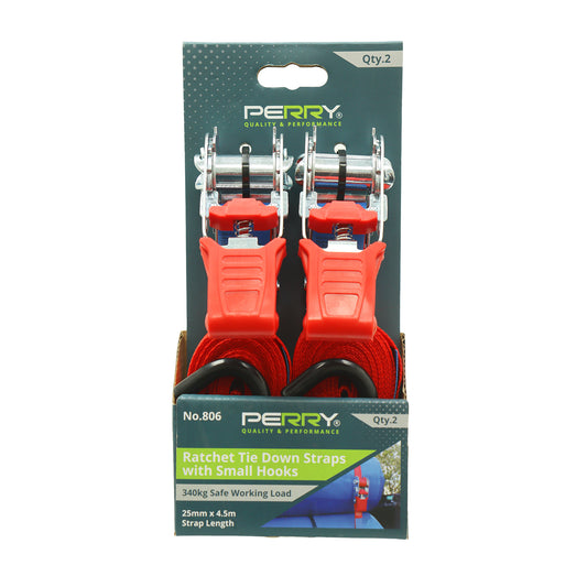 25mm x 4.5m No.806 Ratchet Tie Down Straps with Small Hooks - 2 Pack