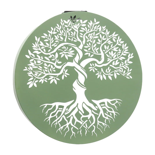 No.PA1024SG Round Metal Solar Wall Panel - Tree of Life - Sage Green