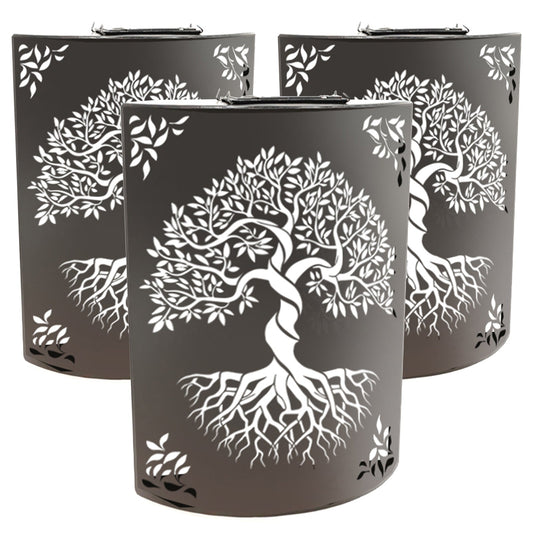 No.PA1054BK-3 Set of 3 Small Curved Metal Solar Wall Panels - Tree of Life - Black