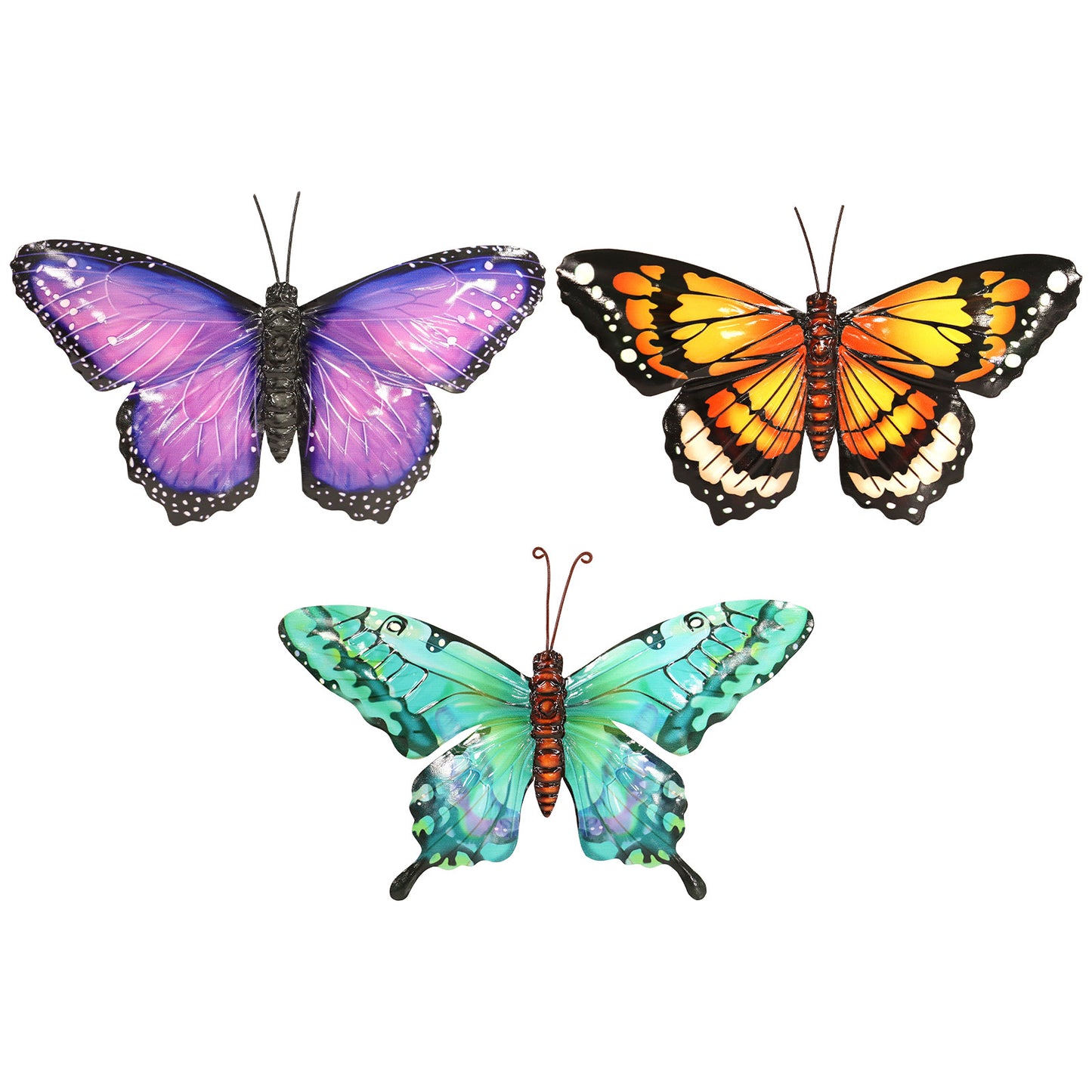 No.PA1700 Purple, Orange & Cyan Set of 3 Small Metal Butterfly Wall Art