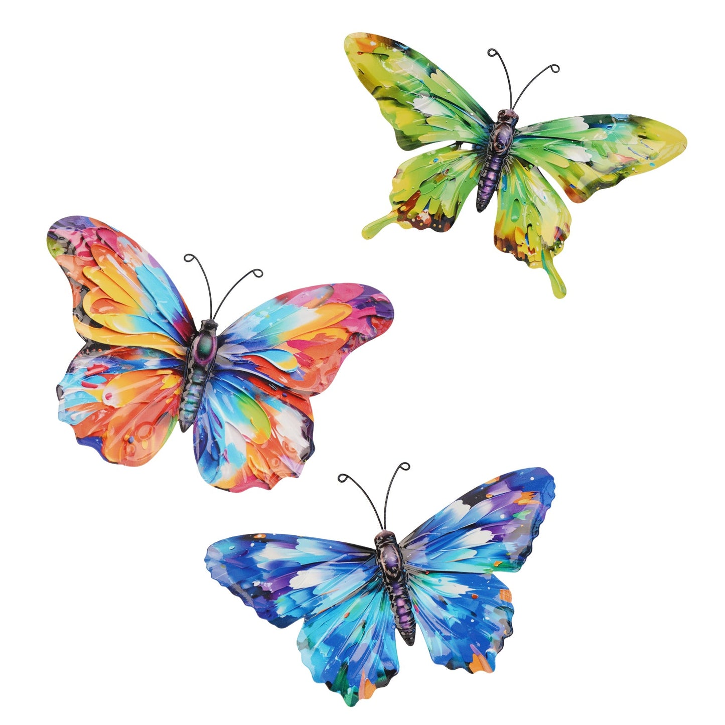 No.PA1708 Set of 3 Small Metal Butterfly Wall Art - Pink, Yellow & Blue