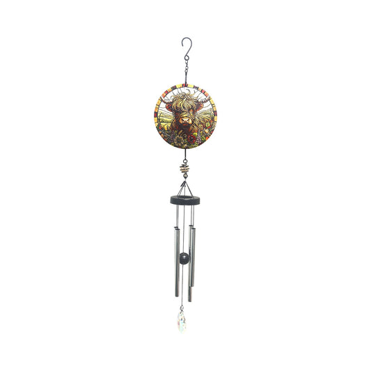 No.PT1086 Small Glass Suncatcher Windchime - Highland Cow