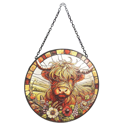 No.PT2216 Stained Glass Hanging Suncatcher - Highland Cow