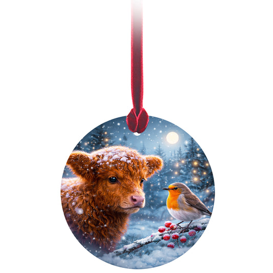 No.PX1044 Christmas Tree Glass Hanger - Highland Calf and Robin