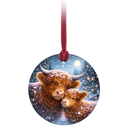No.PX1045 Christmas Tree Glass Hanger - Highland Cow with Calf