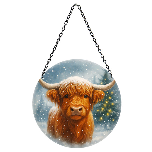 No.PX1101 Glass Hanging Christmas Suncatcher - Highland Cow